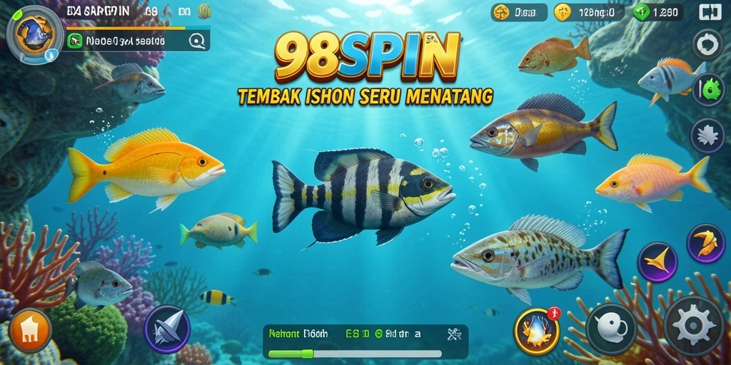 Tangkapan layar gameplay 98SPIN menunjukkan aksi menembak ikan yang seru.