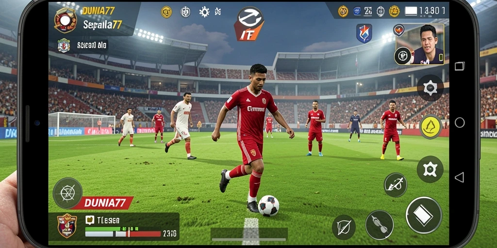 Screenshot gameplay DUNIA77 menunjukkan aksi seru di lapangan sepak bola.
