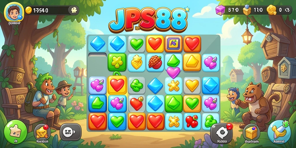 Tangkapan layar gameplay JPS88 menampilkan kombinasi warna-warni dalam permainan Match-3.