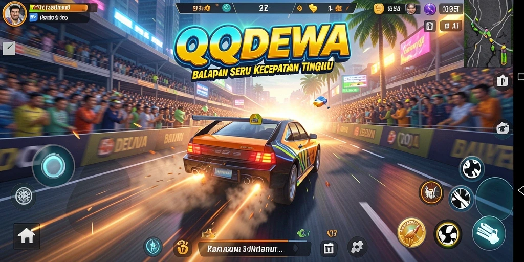 Tampilan utama gameplay QQDEWA dengan aksi balapan yang intens.